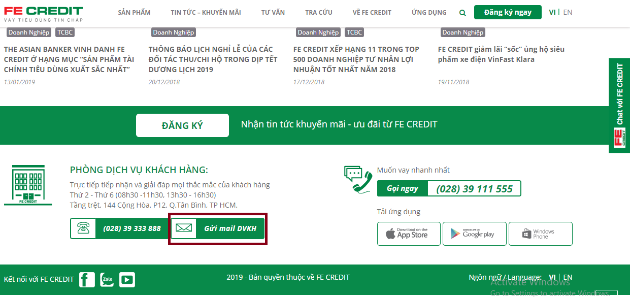 Gửi thư chăm sóc khách hàng FE Credit