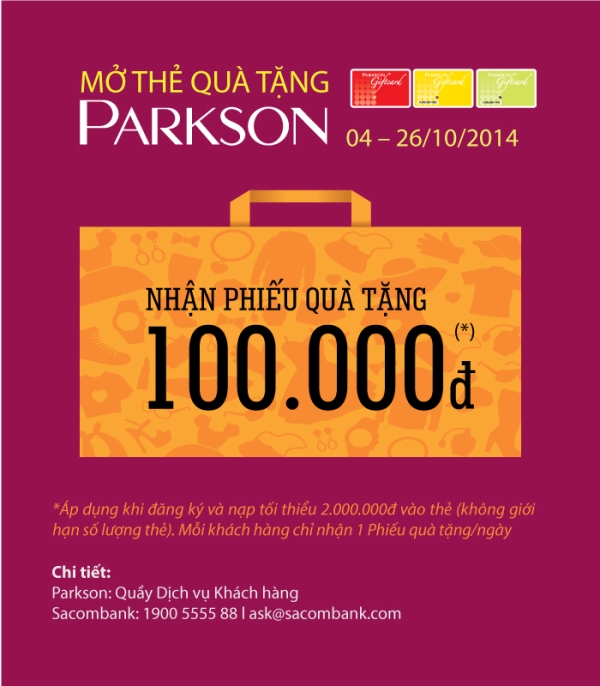 Mở thẻ quà tặng Parkson - Nhận phiếu quà tặng 100.000đ