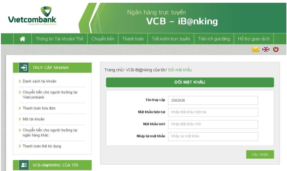 Đổi mật khẩu đăng nhập Vietcombank Internet Banking