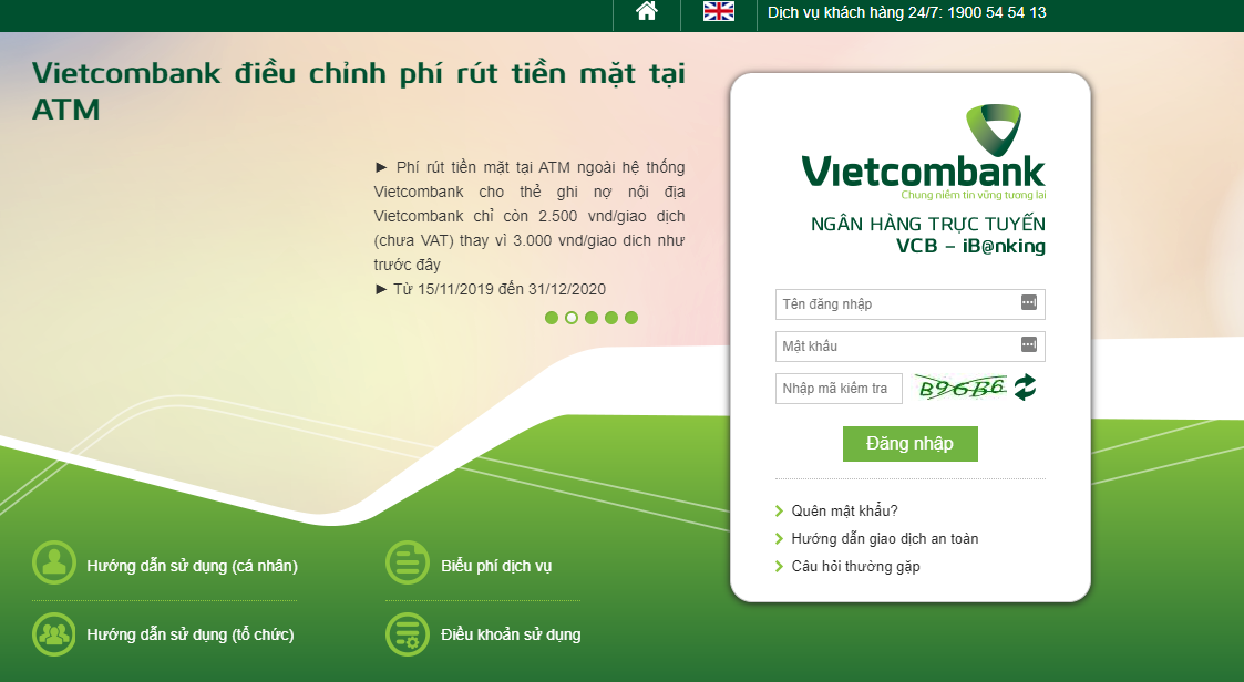 Đăng nhập dịch vụ Vietcombank Internet Banking