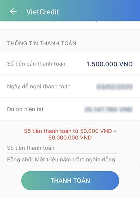 Thanh toán dư nợ Vietcredit qua ViettelPay