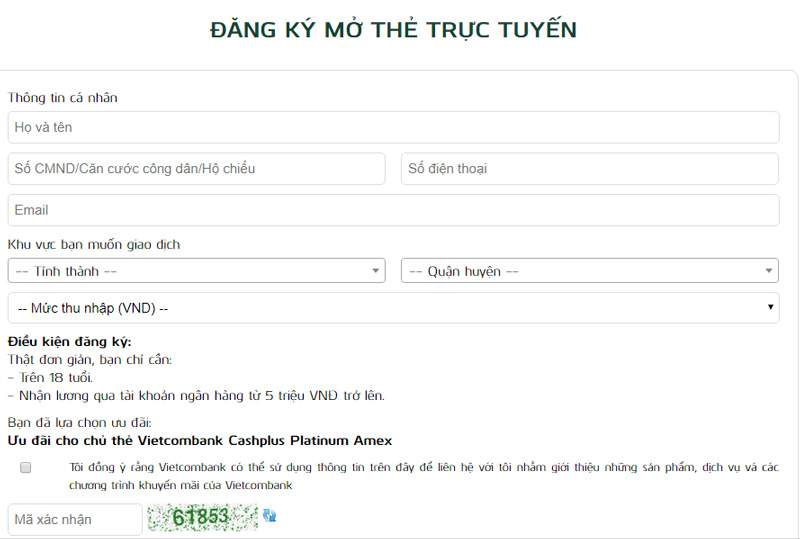 Mẫu đơn đăng ký mở thẻ tín dụng online Vietcombank