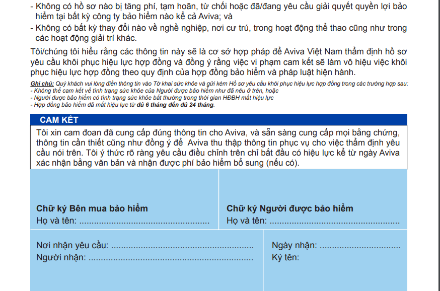 Giấy yêu cầu khôi phục hiệu lực hợp đồng bảo hiểm của Aviva 2