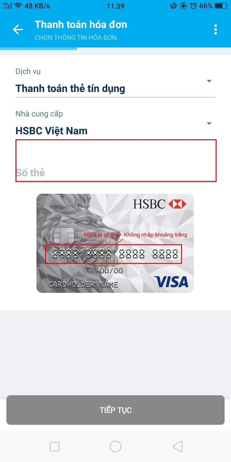 Điền thông tin thẻ ngân hàng