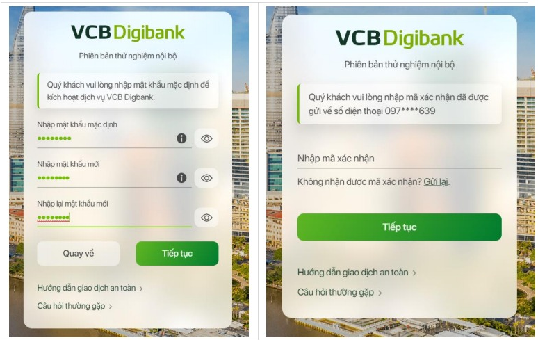 Bước 3 - 4: Nhập mật khẩu và mã xác nhận để kích hoạt VCB Digibank