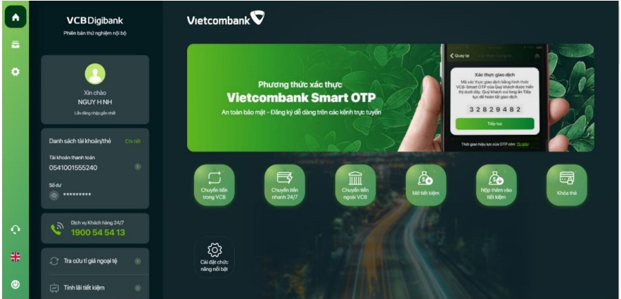 Màn hình trang chủ của VCB Digibank