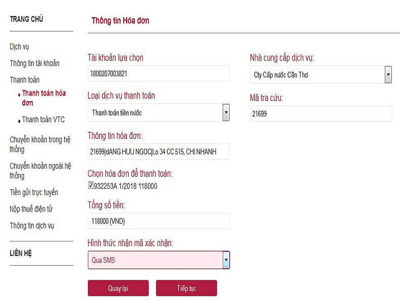 Thanh toán tiền nước qua Internet Banking