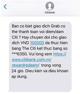 Citibank gửi tin nhắn đường dẫn thanh toán bằng điểm thưởng
