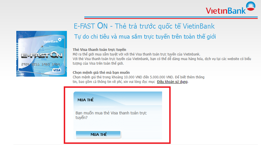 Mua thẻ ảo tại website Vietinbank