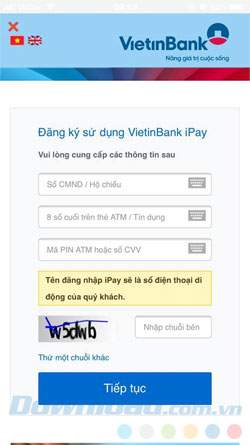 Điền đầy đủ thông tin để đăng ký dịch vụ Ipay Mobile VietinBank