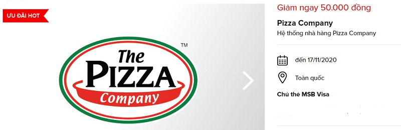 Giảm giá tại Pizza Company cho chủ thẻ MSB