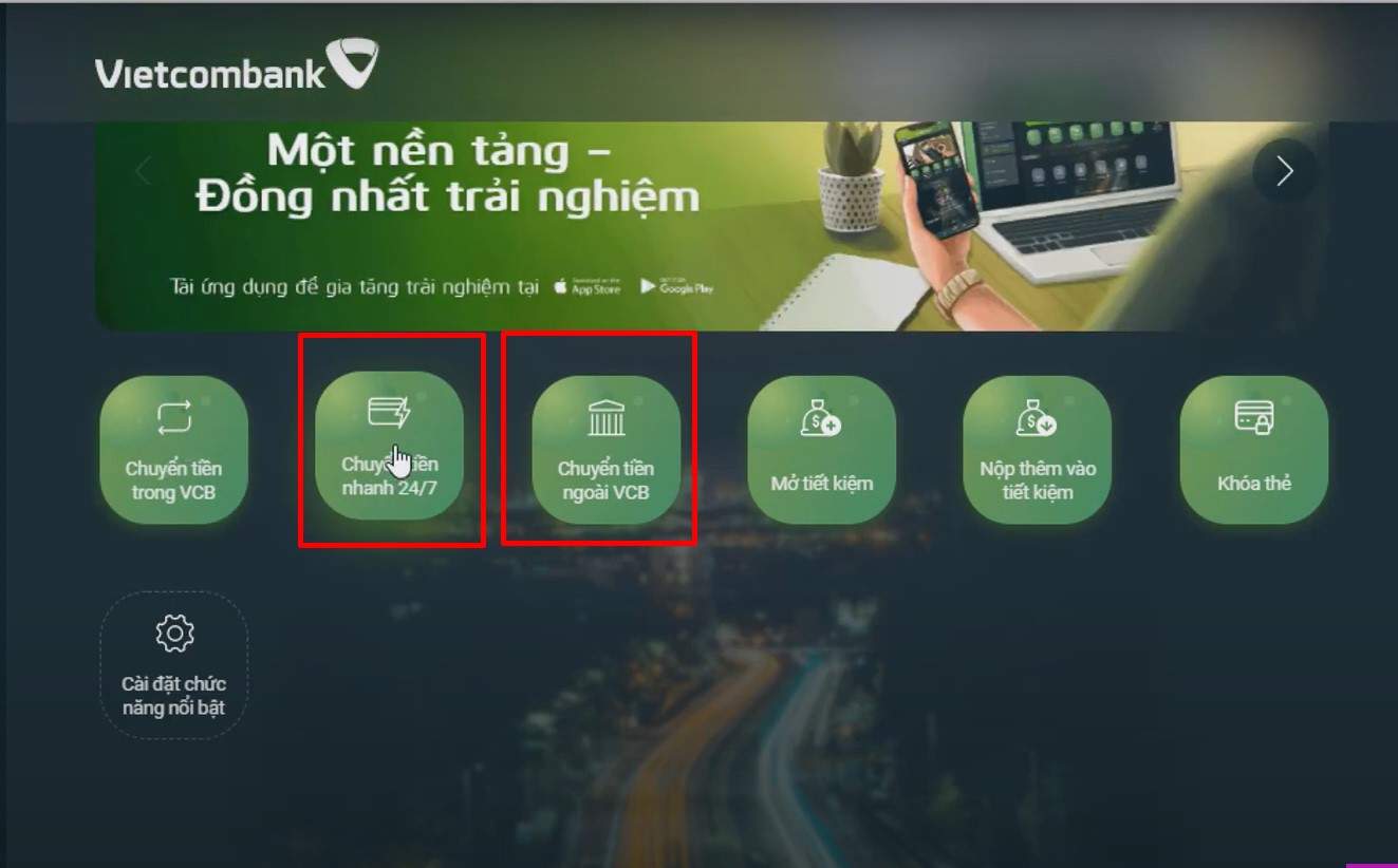 Chọn hình thức chuyển tiền khác ngân hàng VCB