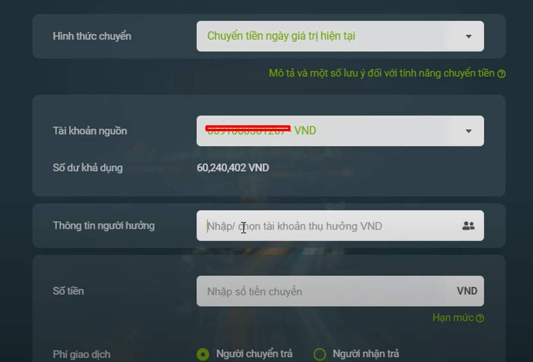 Điền thông tin tài khoản chuyển tiền