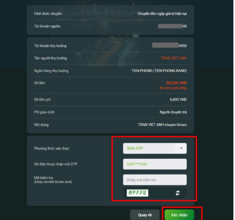 Xác nhận thông tin chuyển khoản