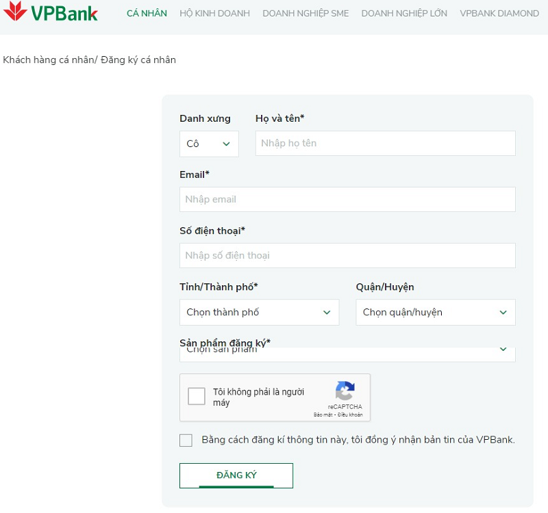 Giao diện đăng ký mở thẻ ghi nợ quốc tế VPBank online