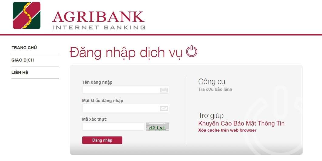 Giao diện Internet Banking Agribank