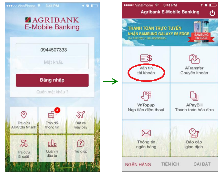 Giao diện màn hình chính Mobile Banking Agribank