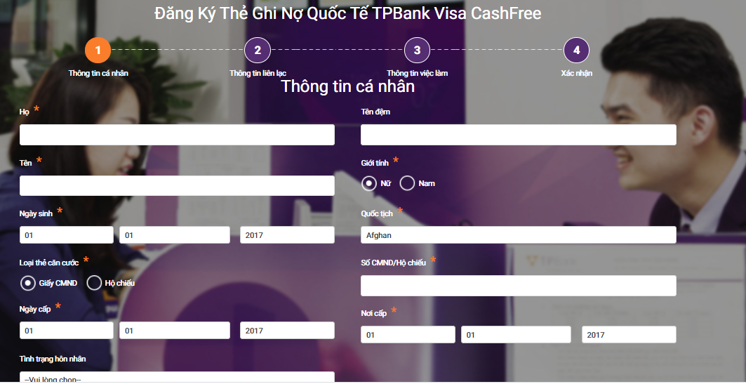 GIao diện đăng ký mở thẻ TPbank CashFree online