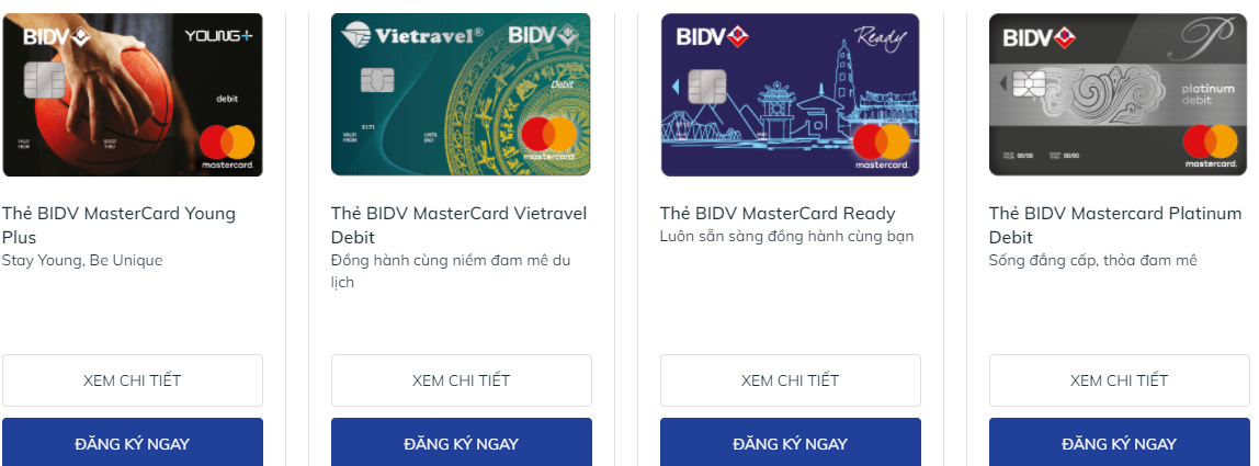 Các sản phẩm thẻ ghi nợ quốc tế BIDV phổ biến hiện nay