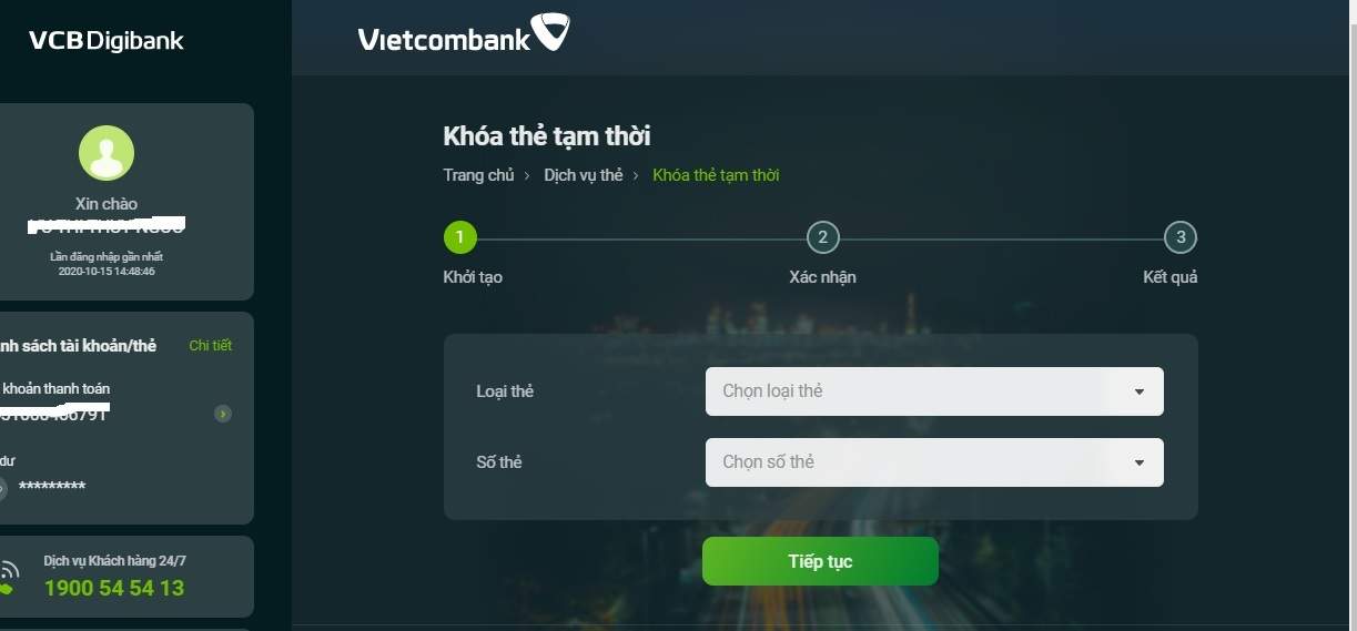 Điền thông tin thẻ tín dụng Vietcombank cần khóa