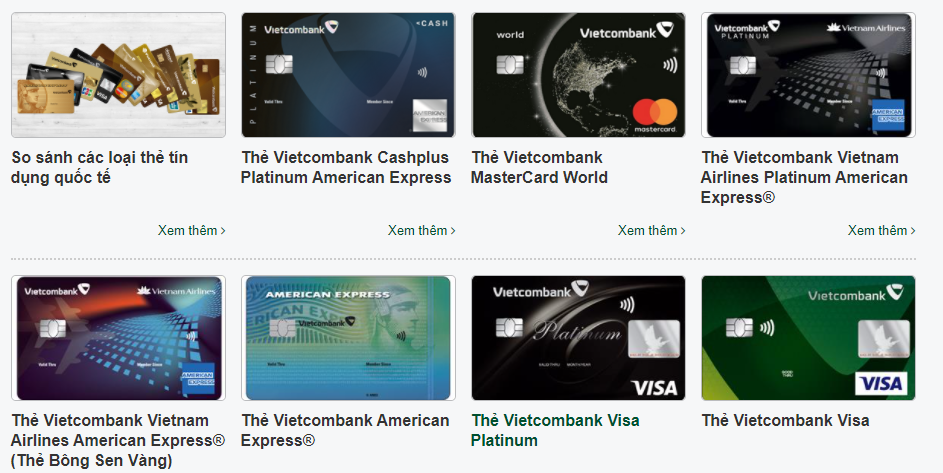 Các sản phẩm thẻ tín dụng quốc tế Vietcombank
