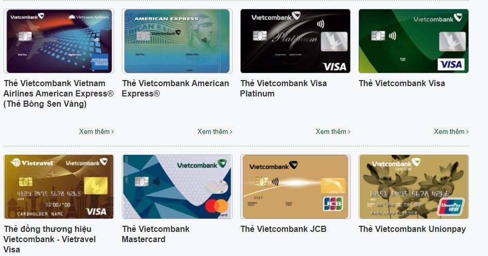 Các sản phẩm thẻ tín dụng Vietcombank