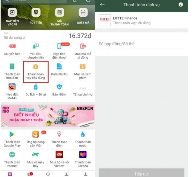 Truy cập ứng dụng Momo để thanh toán thẻ tín dụng Lotte Finance