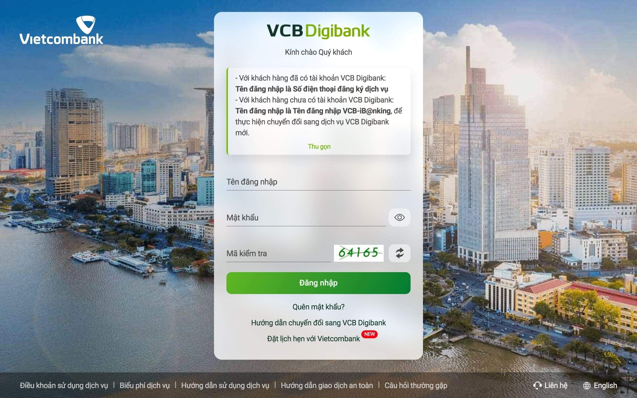 Giao diện đăng nhập VCB Digibank