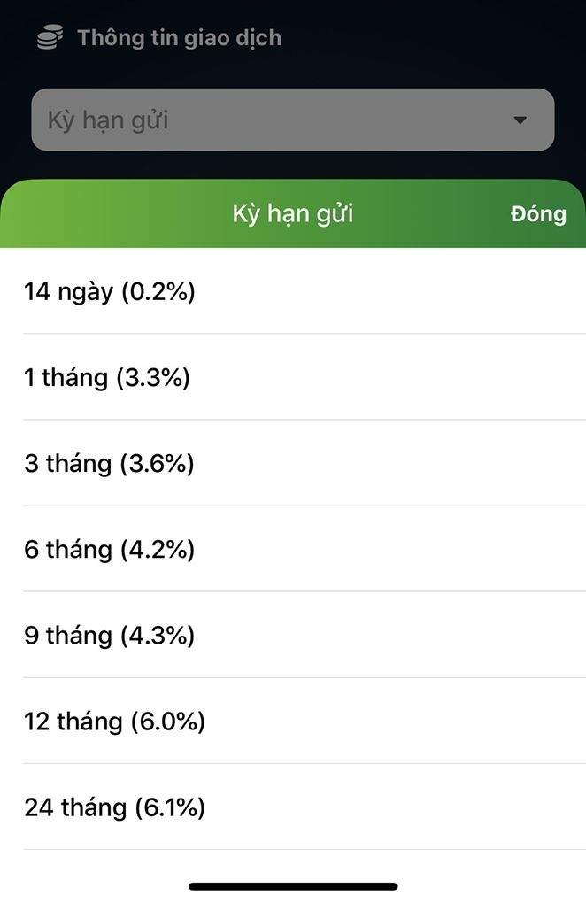 kỳ hạn gửi tiết kiệm trên app