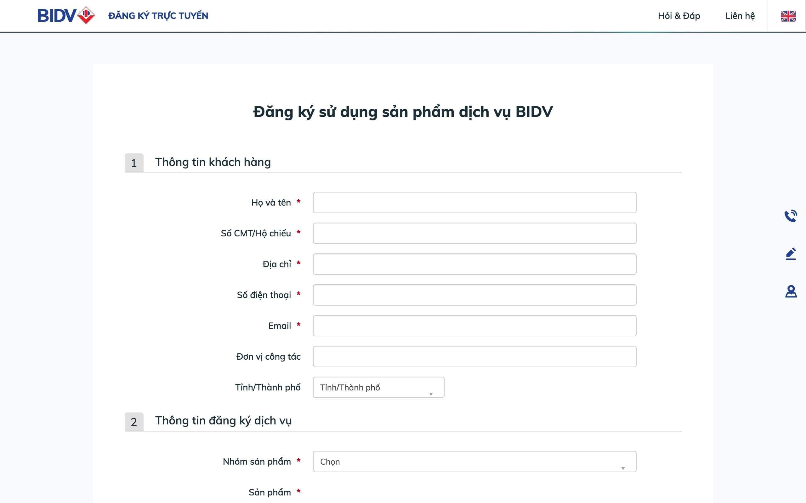 Giao diện mở thẻ BIDV online