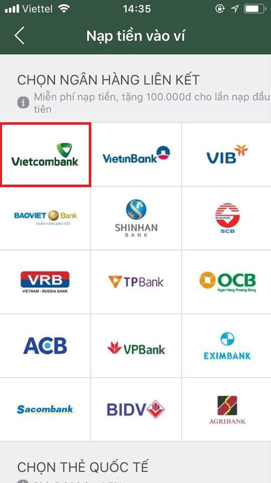 Chọn ngân hàng Vietcombank để nộp tiền