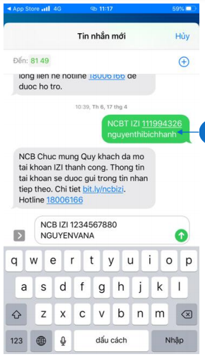 NCB gửi tin nhắn về số điện thoại khách hàng đăng ký
