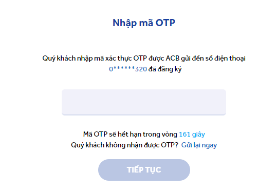 Nhập mã OTP được gửi về điện thoại