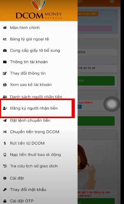 Đăng ký người nhận tiền trên ứng dụng Dcom