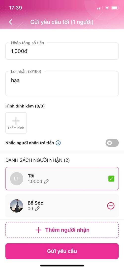 Chọn người muốn gửi yêu cầu và nhập số tiền