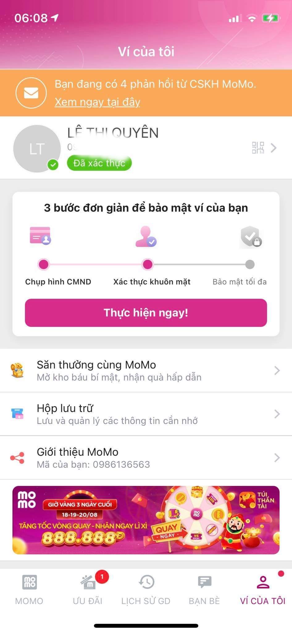 Cách thay đổi hạn mức trên Momo