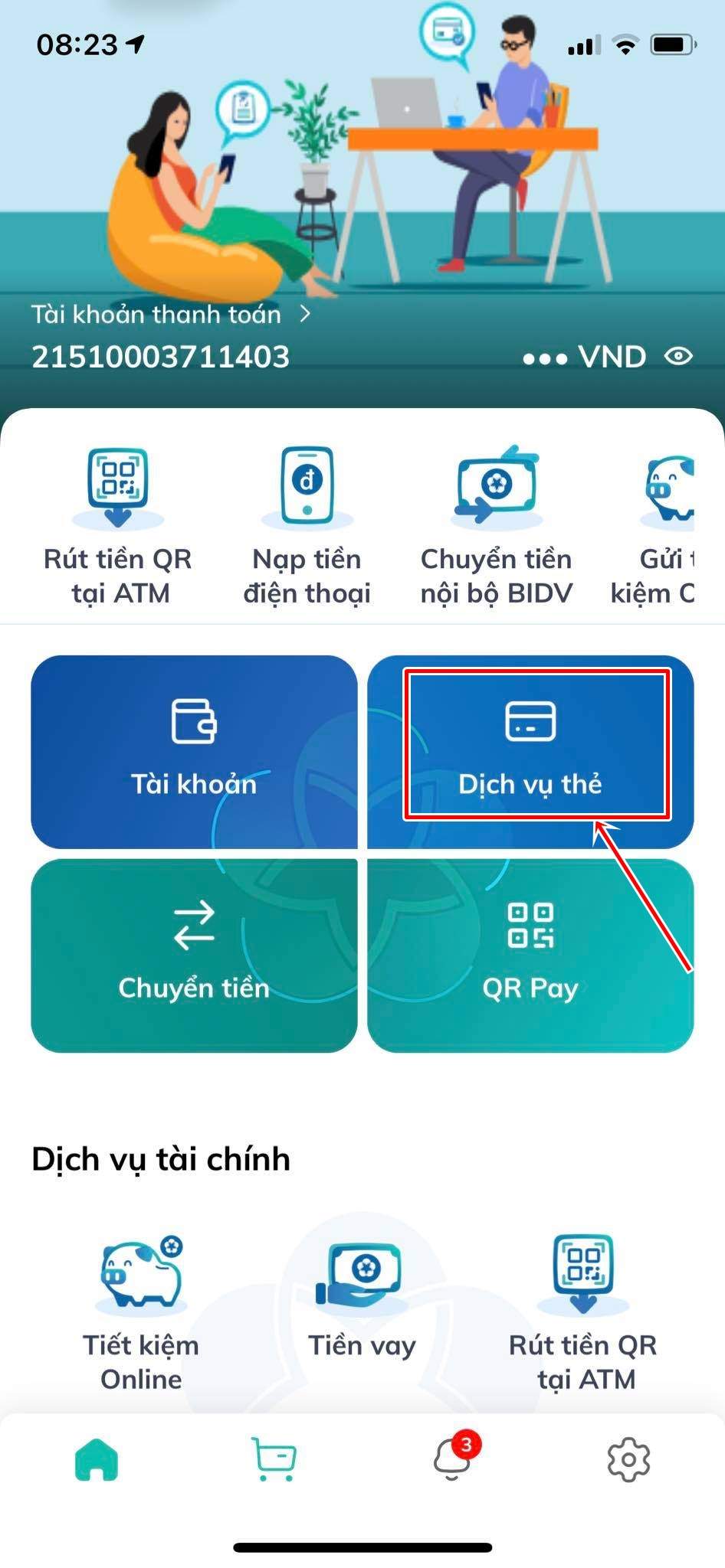 Chọn tính năng dịch vụ thẻ trên app BIDV 