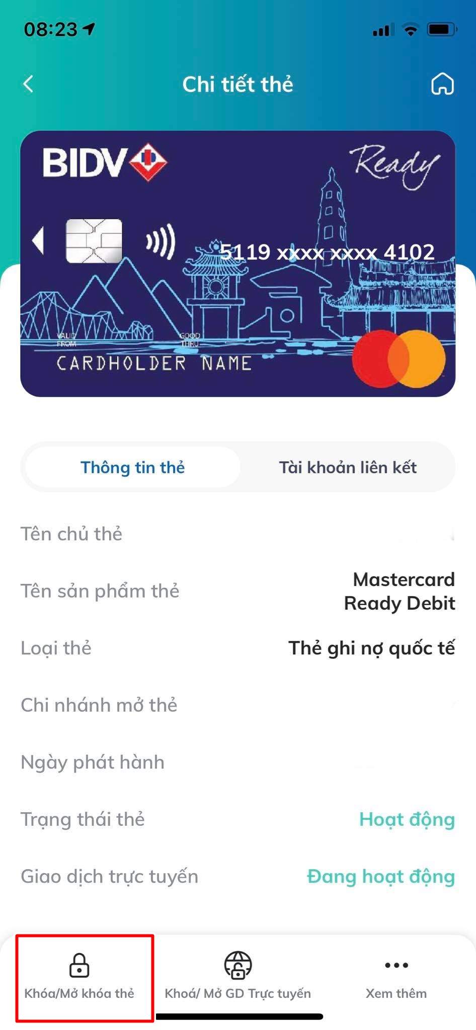 Nhấn chọn Khóa/Mở thẻ trên BIDV Smart Banking 