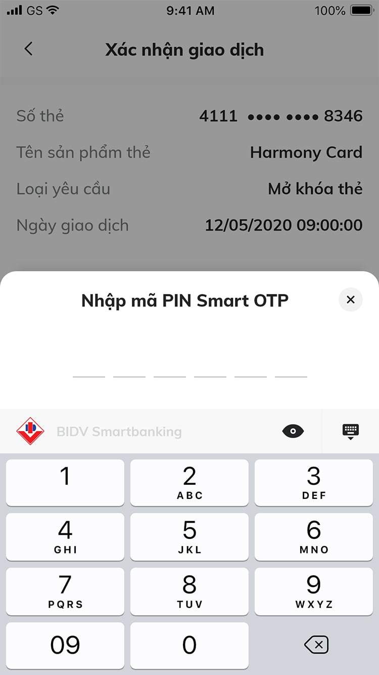 Nhập mã PIN trên app BIDV để thực hiện mở khóa 