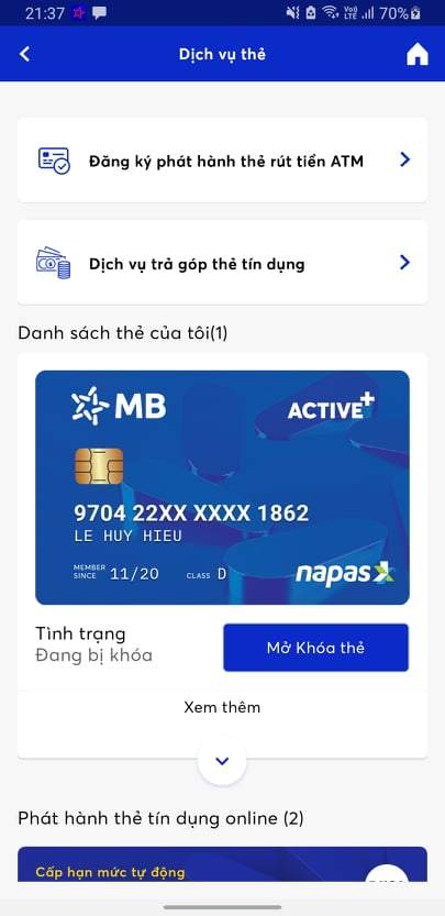 Mở khóa thẻ trên app MBBank 