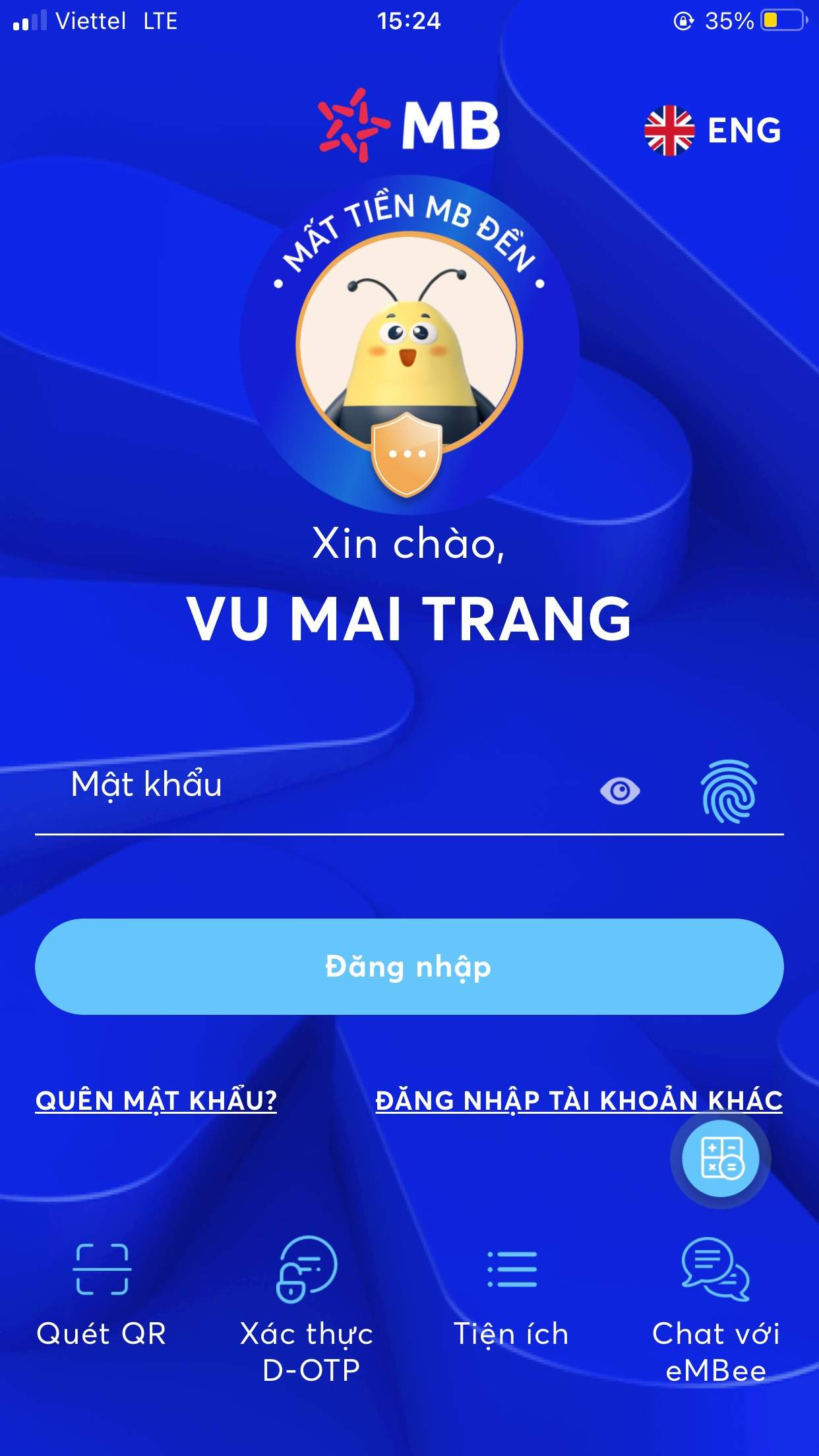 Giao diện đăng nhập app MBBank