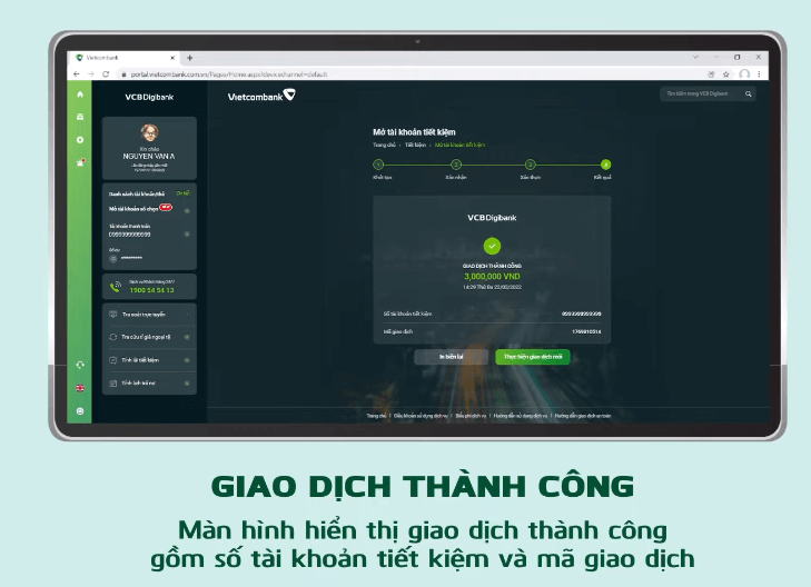 giao dịch mở tài khoản tiết kiệm vcb thành công