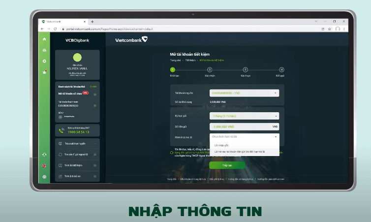 nhập thông tin mở tiết kiệm online vcb trên website