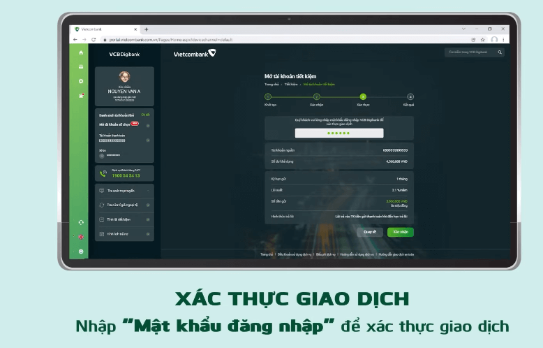 xác thực giao dịch mở tài khoản tiết kiệm online vcb trên website