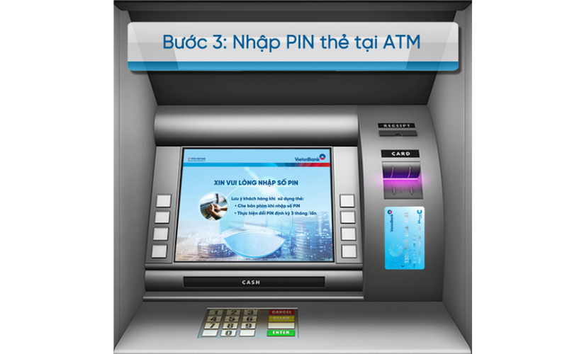 Nhập mã pin thẻ trên máy ATM.