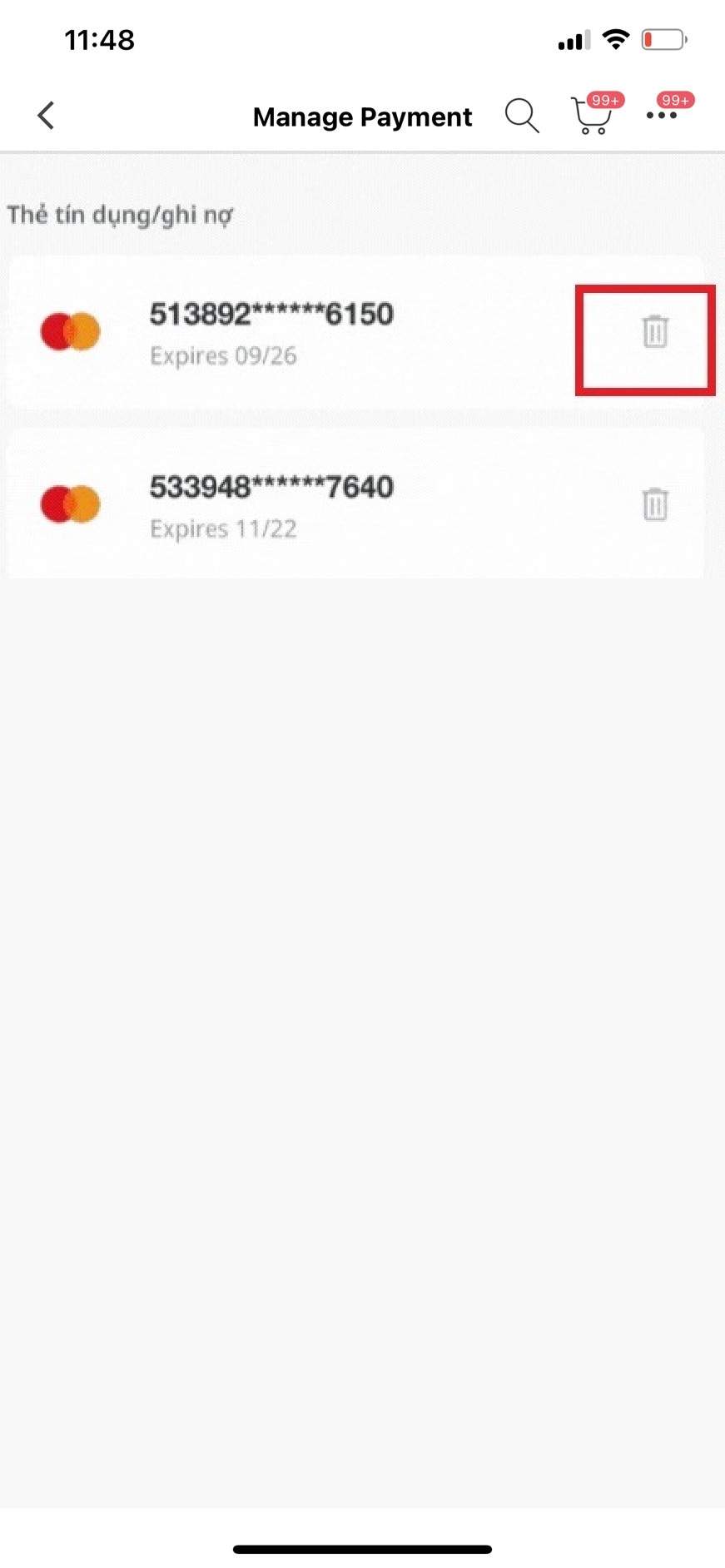 xóa thẻ tín dụng trên app lazada