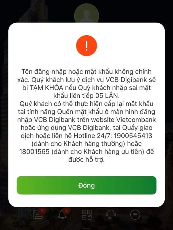 Nhập sai mật khẩu Internet Banking Vietcombank quá 5 lần