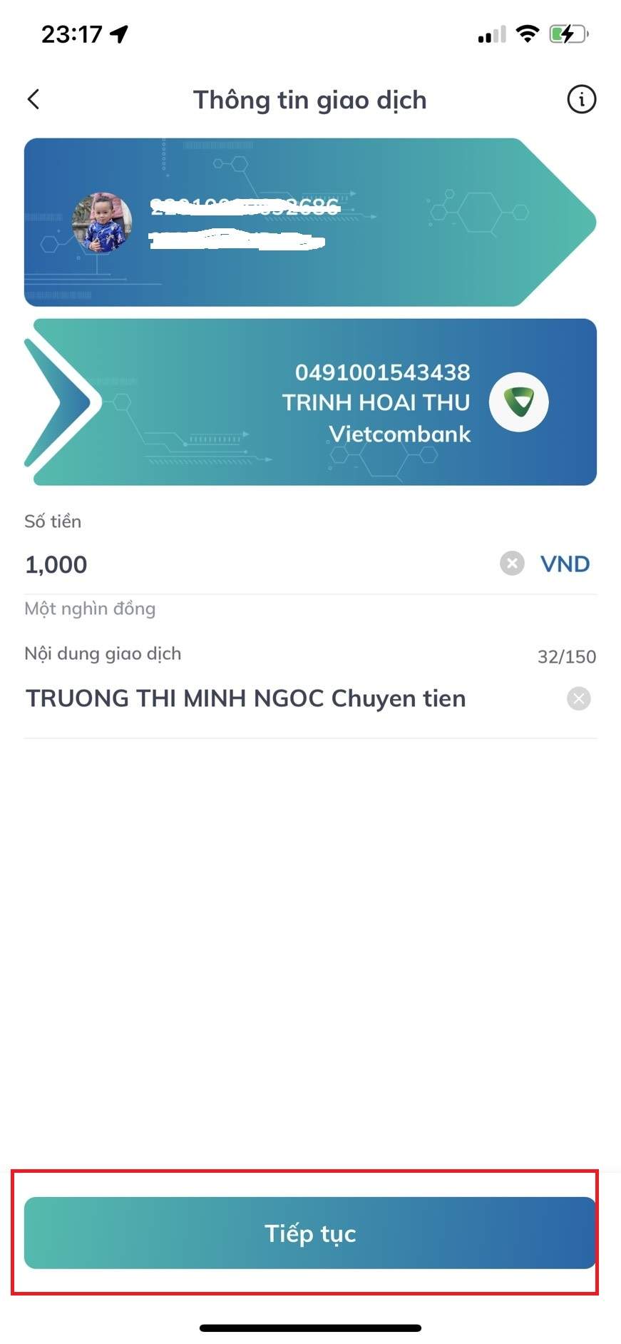 Cách thực hiện nạp tiền từ tài khoản khác vào vietcombank