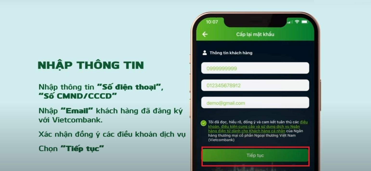 lấy lại mật khẩu internet banking vietcombank trên VCB Digibank