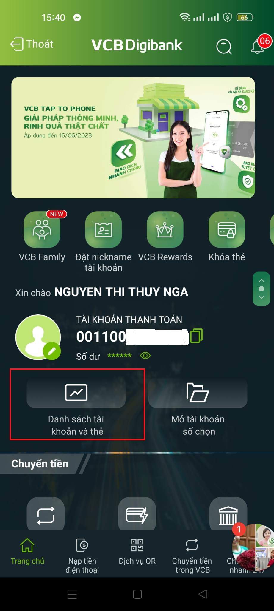 Chọn danh sách tài khoản và thẻ